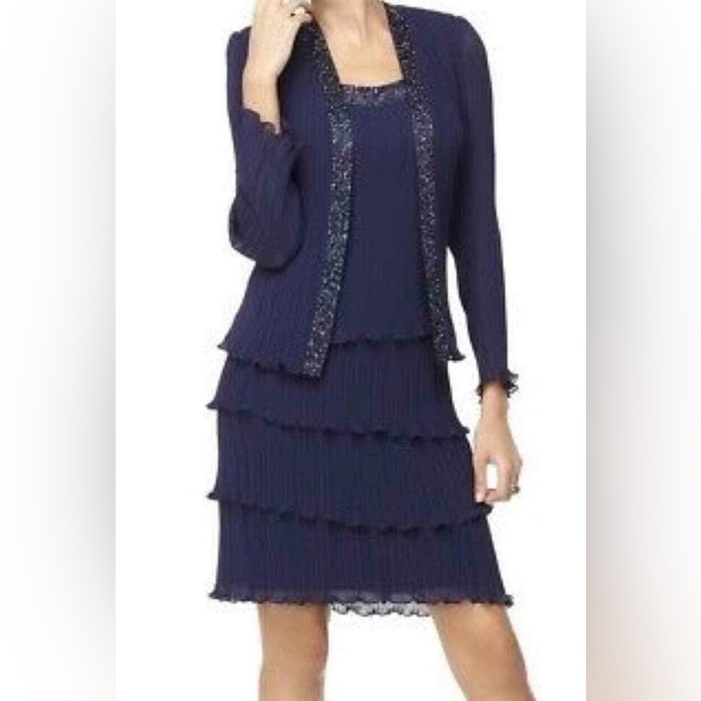 Patra Navy Long Sleeve Tiered Dress with Shimmer Trim